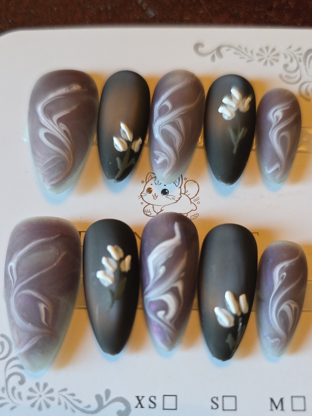 Purple & Black Matte Floral Stiletto Press-On Nails Size Large